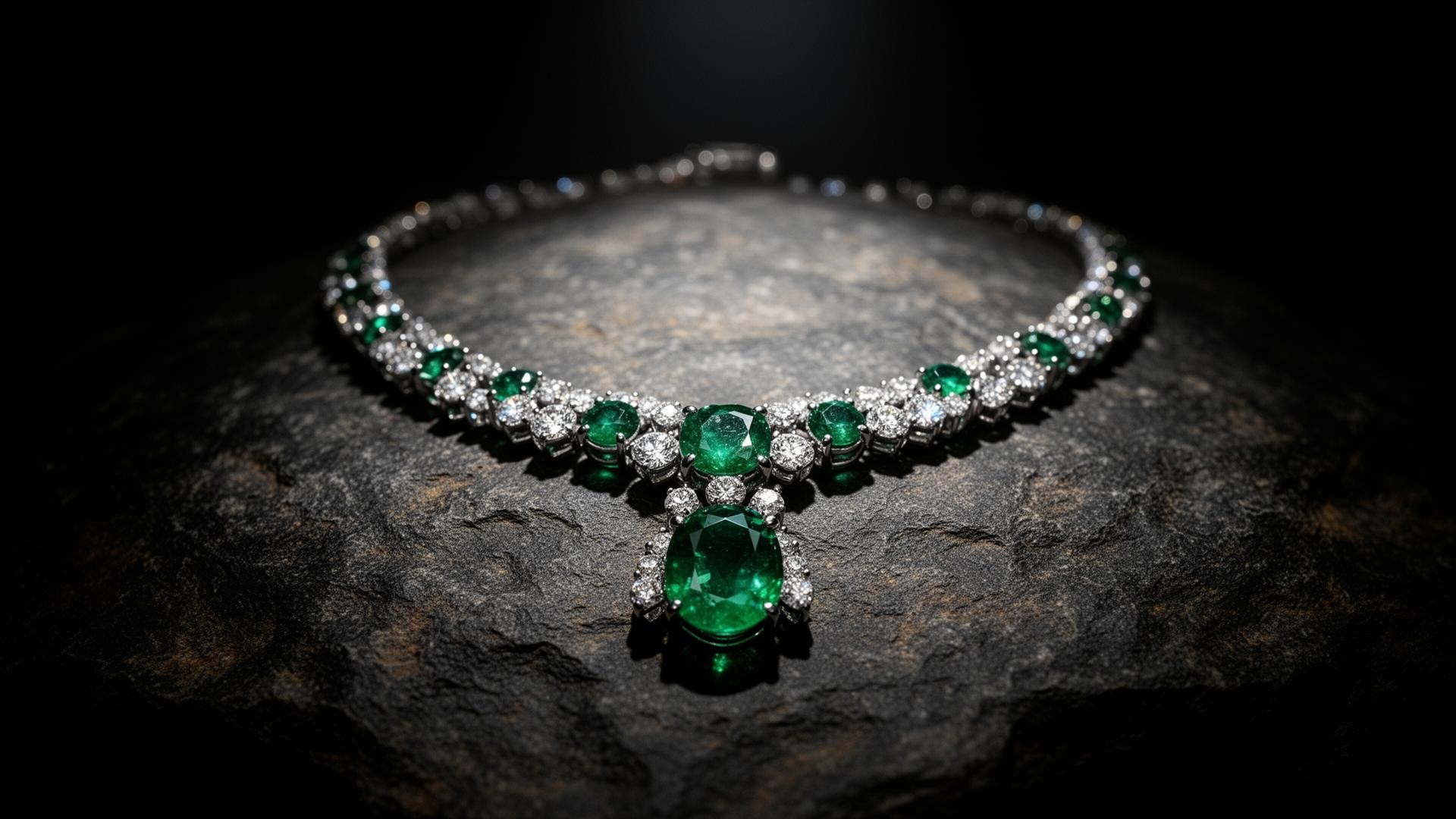 Emerald and diamond necklace, displayed on dark stone